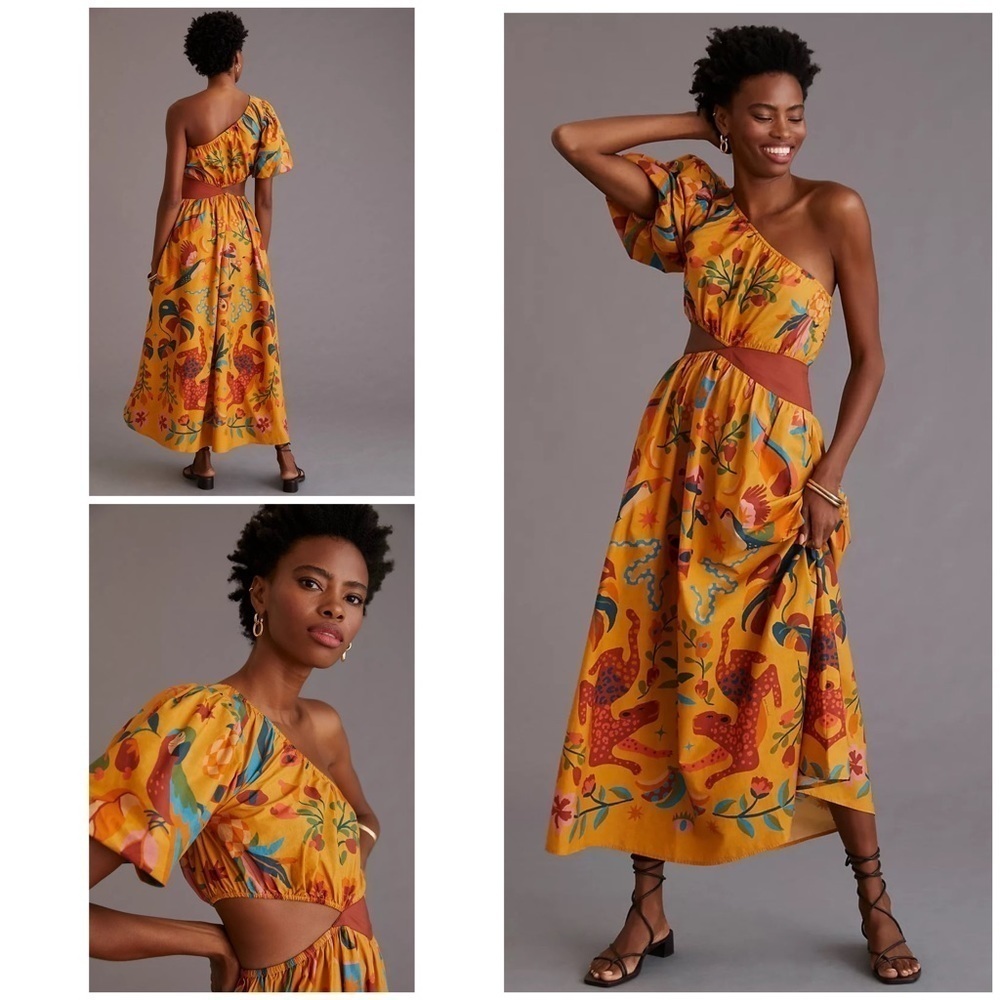 NWT Anthropologie Farm Rio Birds Leopard Floral One-Shoulder Maxi Cut Our Dress 